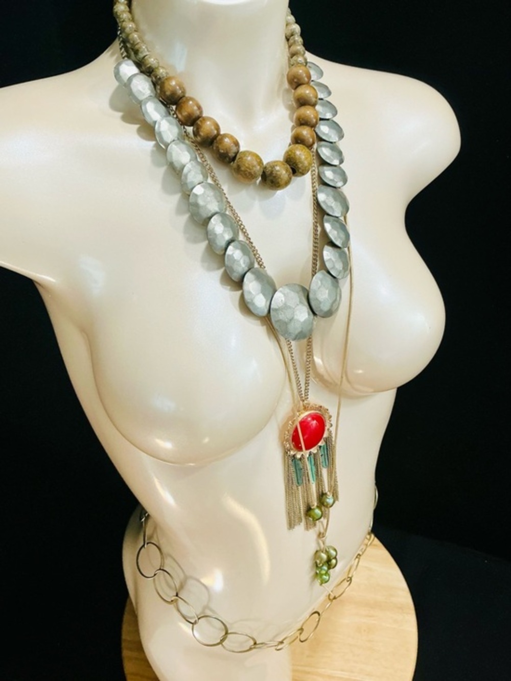 Boho Layered Pendant Necklace with Red Focal Stone and Green Accents Lot of 5